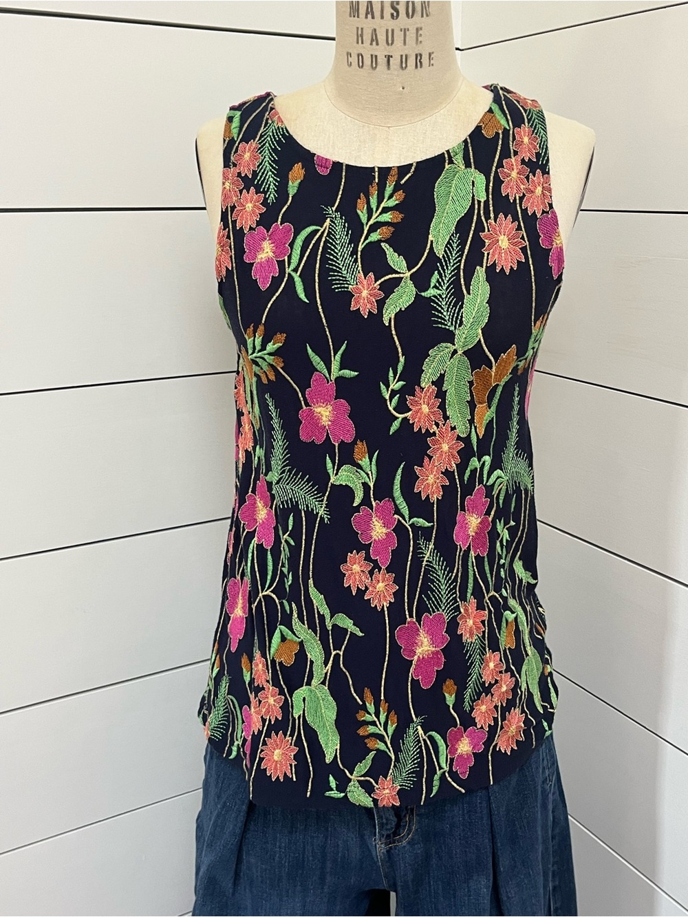 Cartagena Embroidered Navy Knit Tank